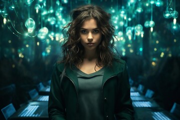 portrait of a woman in futuristic place at night, with virtual reality holograms, digital future, cyberspace visualization, street lights, illumination