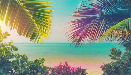 Fototapeta na wymiar summer colorful theme with palm trees background as texture frame image background