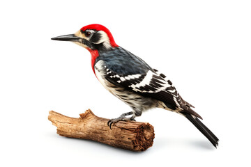 Woodpecker standing on a piece of wood isolated on white background.generative ai - obrazy, fototapety, plakaty