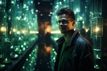 portrait of a man in futuristic place at night, with virtual reality holograms, digital future, cyberspace visualization, street lights, illumination