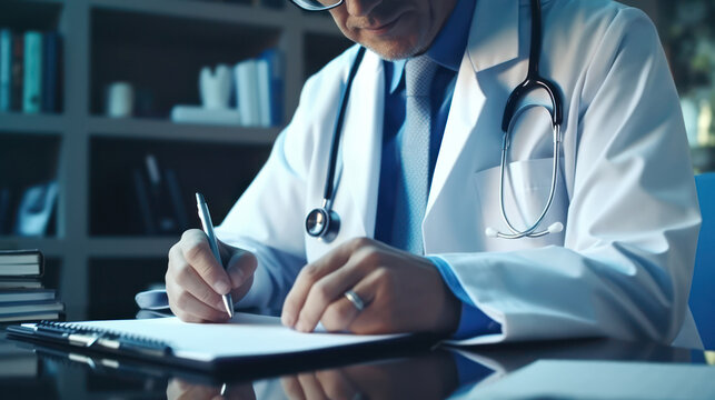 A focused male doctor in a lab coat and stethoscope taking notes