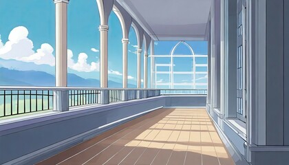high school corridor balcony in the daytime anime background 2d illustration
