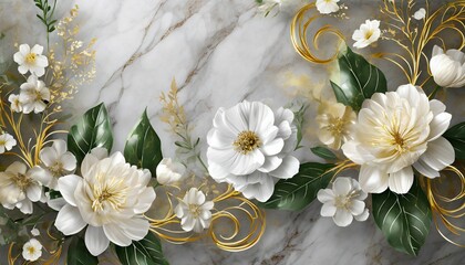 luxurious background with flowers on marble a floral background with white flowers and leaves...