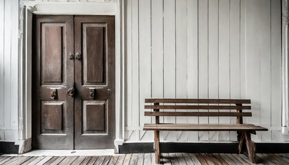 beautiful wooden door with old wood bench white background wall home interior design concept...