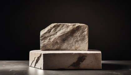 luxury natural stone podium for showing packaging and product on black background copy space ai generative