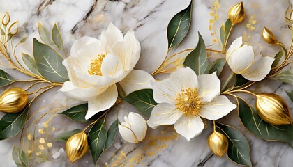 white and gold flowers and leaves on a marble background exquisite wedding texture for card celebration invitation wallpaper delicate floral illustration generative ai - Powered by Adobe