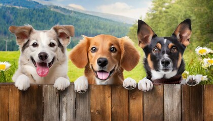 smiling cute dogs of different breeds peek out from behind a wooden fence banner with animals generative ai - obrazy, fototapety, plakaty