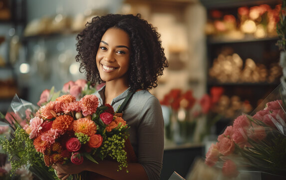 Picture of beautiful black woman florist while working.