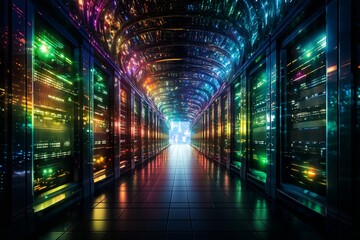 futuristic global data processing center, infrastructure for telecommunications and internet technology with virtual reality, digital future, cyberspace visualization, illumination