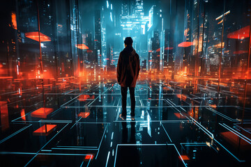 panoramic view of a futuristic metropolis at night, with virtual reality holograms, digital future, cyberspace visualization, street lights, illumination