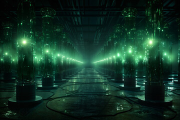 futuristic global data processing center, infrastructure for telecommunications and internet technology with virtual reality, digital future, cyberspace visualization, illumination