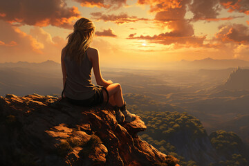 a girl is sitting on top of mountain and enjoying beautiful scenery, view of mountains and valley at sunset