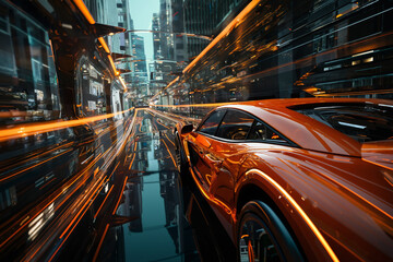 futuristic car on a glossy road in a tunnel with transparent walls, transport of the future, city...