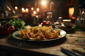 Pasta Italian dish prepared from flour and water that cooked in various shapes and served with sauces. popular, versatility and ability to be combined with variety of ingredients.
