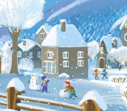 cartoon christmas scene with city in the winter with some kids near the town playing winter games illustration for children