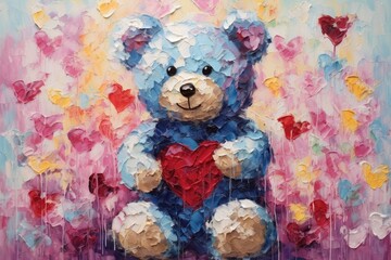 palette knife textured painting teddy bear with flowers and hearts in fluffy paws - obrazy, fototapety, plakaty