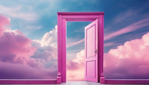 surreal image of pink open doors against a sky filled with clouds symbolizing freedom opportunity and imagination in a minimalist magical realism setting