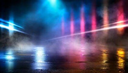 wet asphalt neon light reflected on a wet surface smoke smog the lights of the night city