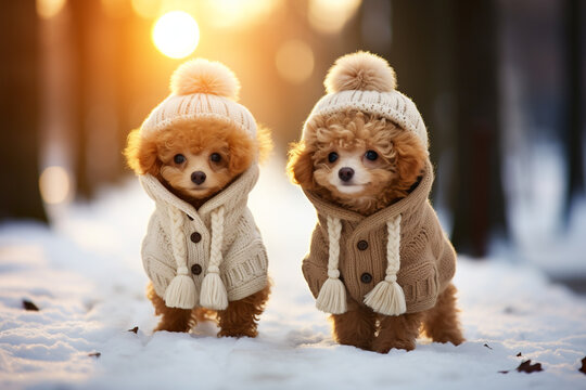 Cute Couple Of Animals Are Warmly Dressed In Winter, Wrapped In Cozy, Natural Fur Or Feathers. Adorable Huddle Together, Exchanging Warmth Love, Warm And Not Freeze In The Cold. Animal Kingdom.