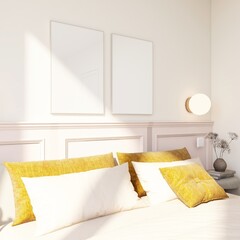 Two frames mockup on bedroom wall with pink headboard and yellow cushions. 2 empty posters in girly minimalist interior scene mock up. 3D render