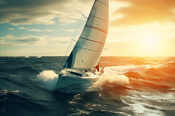 Mesmerizing Extravagant Luxury Yacht Sailing in the Boundless Open Seas at Majestic Sunset