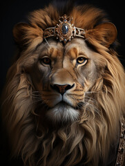 Fototapeta premium Majestic lion with diamond crown jewels on white background, king of animals