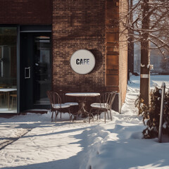 Cozy outdoor street cafe with a sign. Vintage cafe bakery or restaurant. Romantic date. Winter snowy furniture on a terrace - 687320915