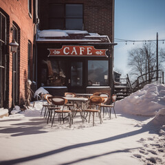 Cozy outdoor street cafe with a sign. Vintage cafe bakery or restaurant. Romantic date. Winter snowy furniture on a terrace - 687320925