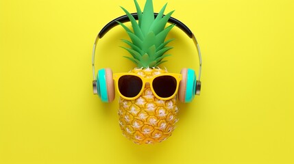 Funny pineapple wearing white headphone, concept of listening music, isolated on colored background with tropical palm leaves, top view, flat lay design.