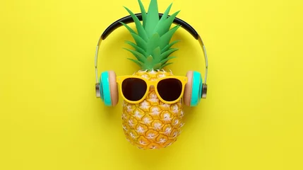 Poster Funny pineapple wearing white headphone, concept of listening music, isolated on colored background with tropical palm leaves, top view, flat lay design. © Ammar