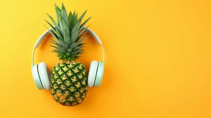 Poster Pineapple wearing white headphone, concept of listening music. © Ammar