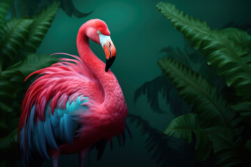Fototapeta premium Exotic flora and fauna. A beautiful flamingo with tropical leaves in the background