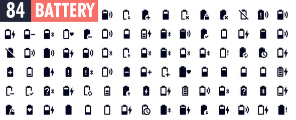Battery icons minimal icons set 84 icons. Battery charging icon set. Battery charge indicator icons, vector graphics. - obrazy, fototapety, plakaty
