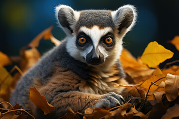 Obraz premium Closeup portrait of a ring tailed lemur in natural habitat