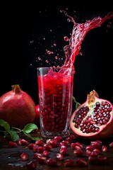 pomegranate juice splash with pomegranate fruit around on a black background