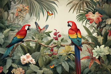 Vibrant vintage mural depicting a lush tropical rainforest scene with parrots, colorful butterflies, and other exotic wildlife set against a jungle backdrop. - obrazy, fototapety, plakaty