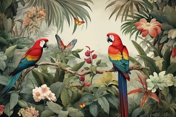 Foto op Canvas Vibrant vintage mural depicting a lush tropical rainforest scene with parrots, colorful butterflies, and other exotic wildlife set against a jungle backdrop. © Prime Lens