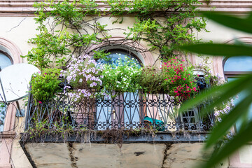 travel to Georgia - balcony of old urban apartment building decorated by fresh flowers in downtown of Batumi city