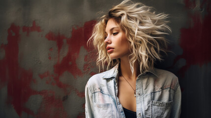 Fototapeta premium Portrait of young european fashionable female model, shot from the side, smiling, looking to the side, vibrant grunge concrete wall background