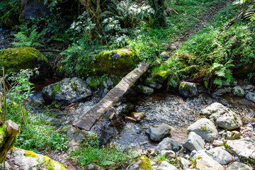 travel to Georgia - old wooden board like bridge over mountain stream in ravine in Mirveti village in Adjara on sunny autumn day