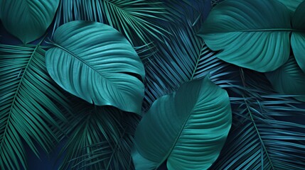 Top-down shot capturing the beauty of tropical palm leaves on a teal background