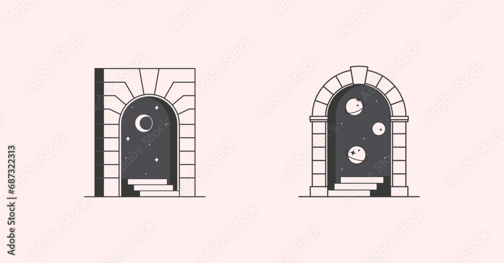 Wall mural vector cosmic logo design templates with portal,steps,planets,outer space,moon and stars.surreal abs