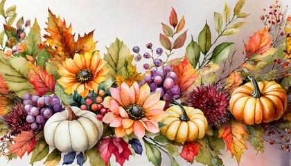 watercolor fall autumn flower marple leaves pumpkins for decoration give thanks cards - obrazy, fototapety, plakaty