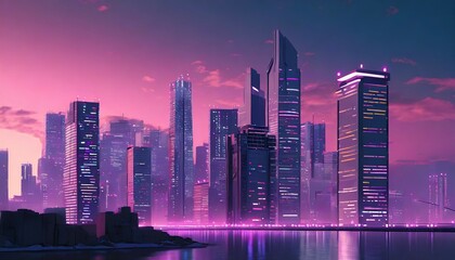 3d cgi rendered illustration retro anime inspired dark city at night skyline with buildings skyscrapers and digital pink neon sky