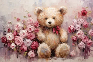 Fotobehang palette knife textured painting teddy bear with flowers and hearts in fluffy paws © PinkiePie