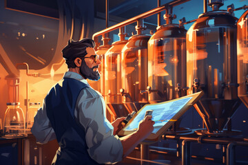 technologist brewery with tablet inside modern beer factory around steel tanks