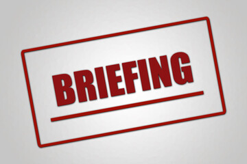 Briefing. A red stamp illustration isolated on light grey background.