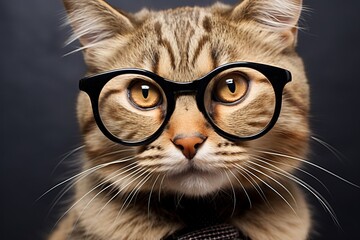 Smart cute fluffy cat portrait wearing glasses and tie
