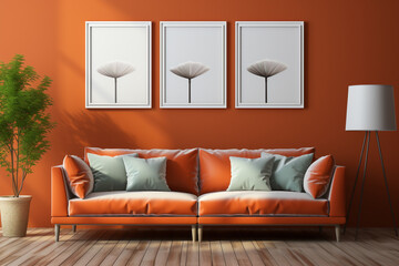 Blood orange the trending color in the luxury living room, Modern living room interior with orange sofa, plants and painting on the wall