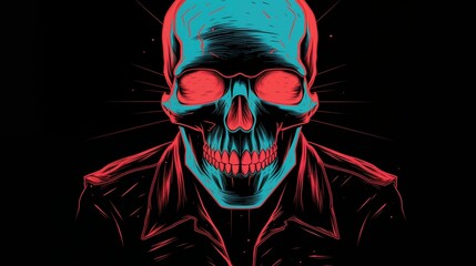 AI generated illustration of a stylized close-up image of a human skull with illuminated red eyes - obrazy, fototapety, plakaty